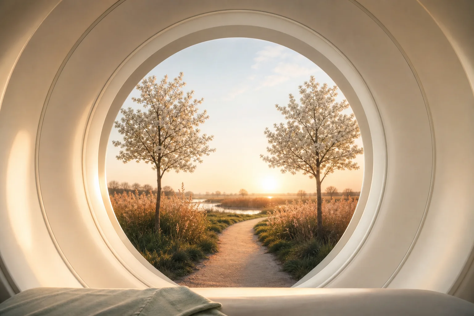 MRI-vorm met een zonnig pad en twee bloeiende bomen als symbool voor bijna twee jaar stabiliteit
