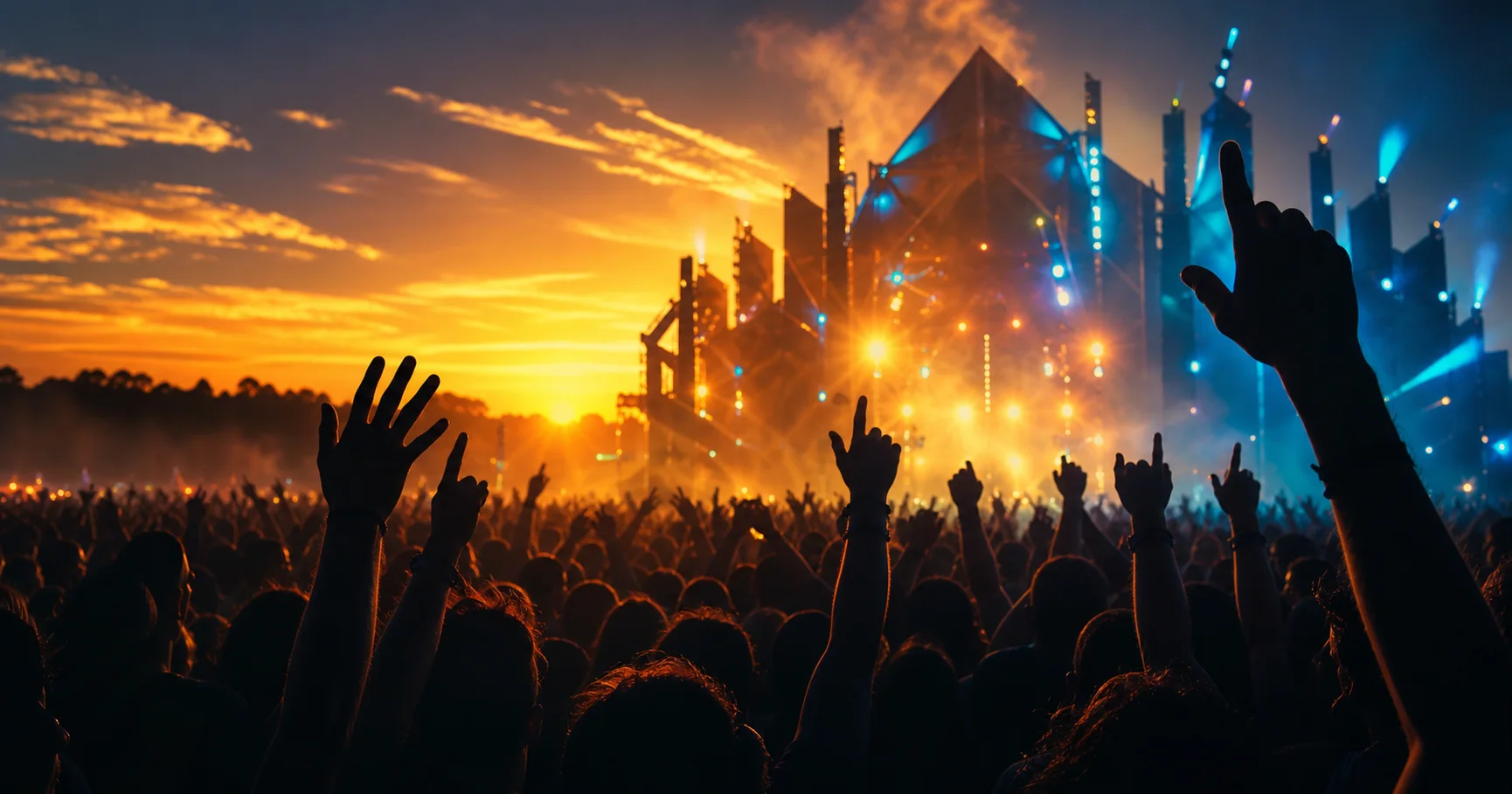 Een festivalpubliek in silhouet bij zonsondergang met felle podiumlichten