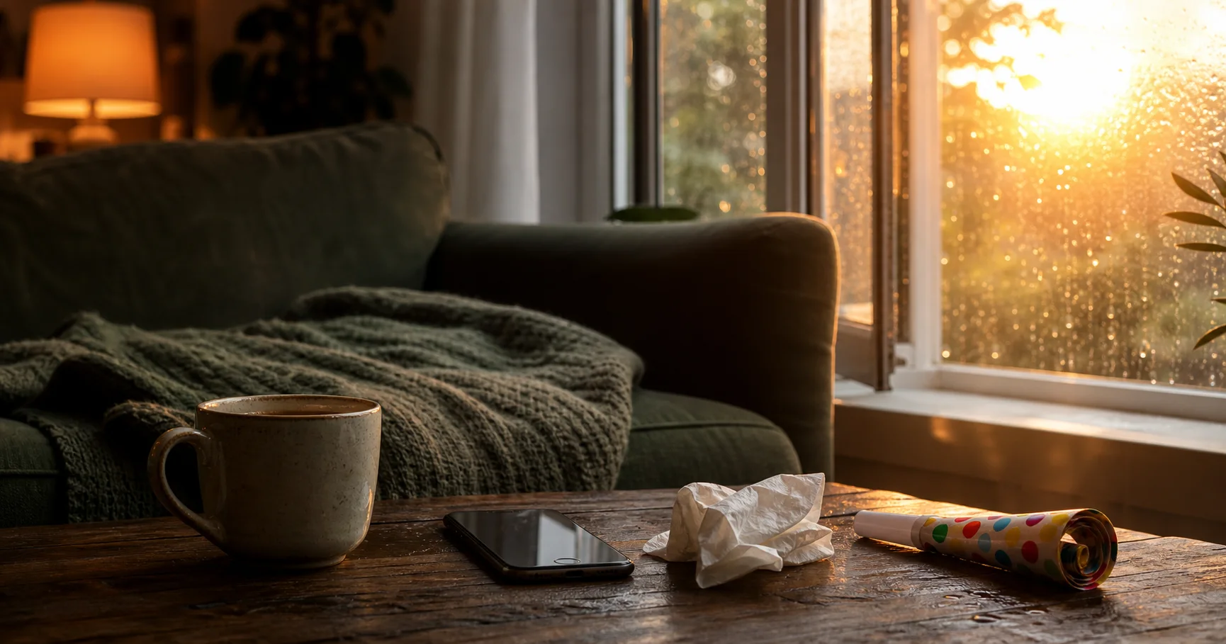 Een warme woonkamer na regen met koffie, telefoon, tissue en een feesttoeter op tafel