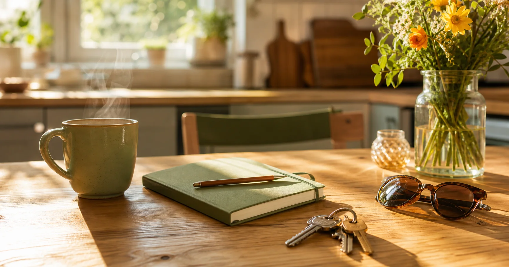 Een warme keukentafel met koffie, een notitieboek, sleutels en zonlicht