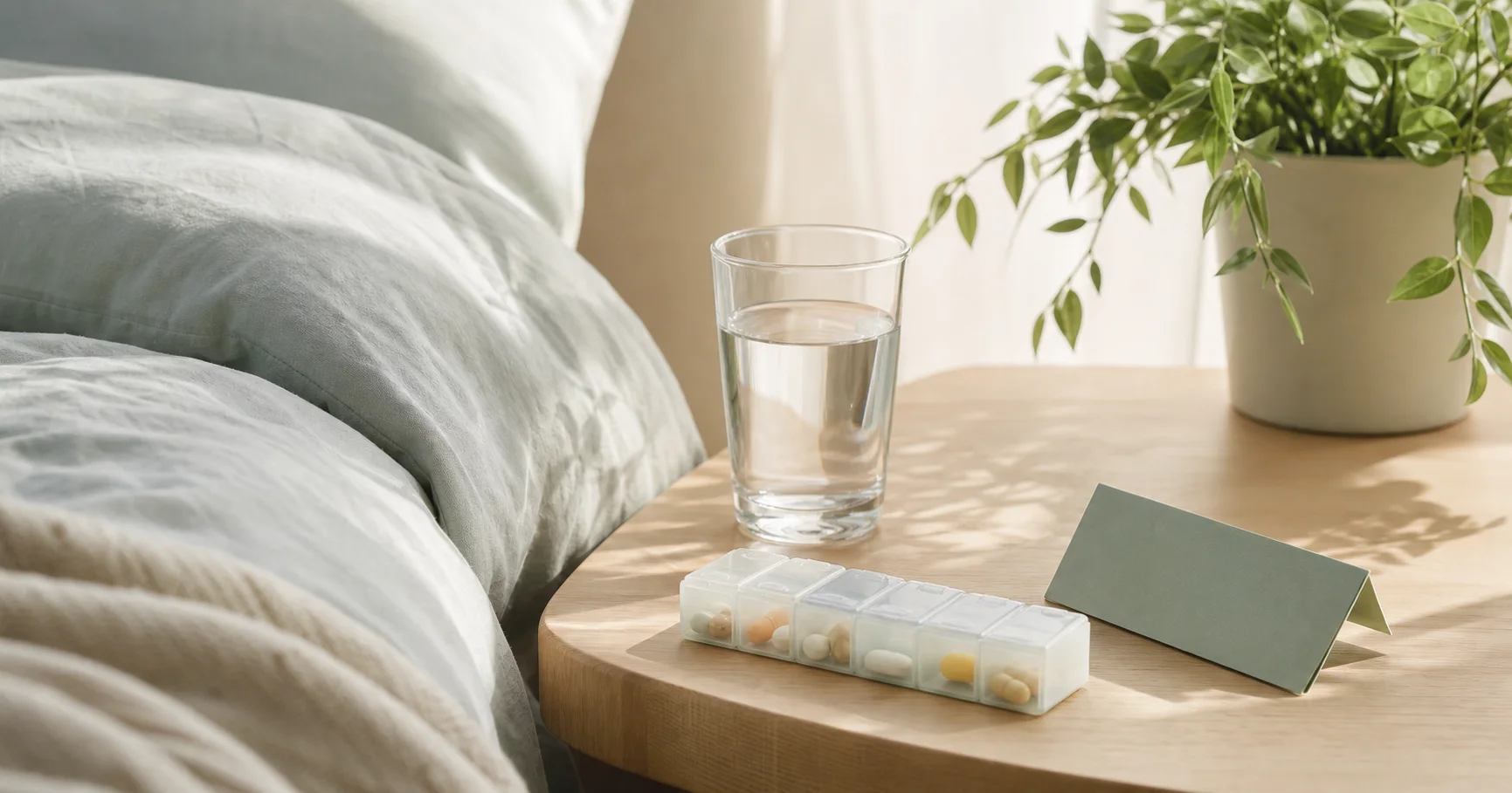 Een nachtkastje met een glas water, pillendoosje en zachte ochtendzon